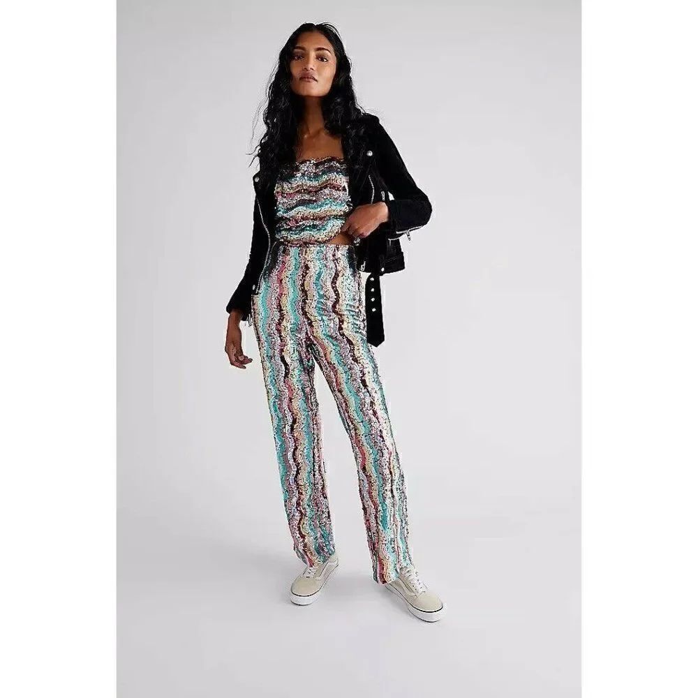 NEW FREE PEOPLE Sz 2 DISCO FLARE PANTS PULL ON RAINBOW SEQUIN PANTS
